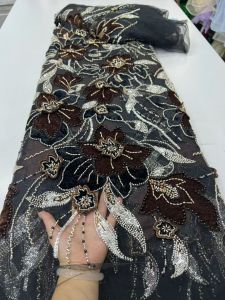 African Handmade Beads Velvet Lace High Quality Nigerian French Tulle Sequin Embroidery Net Lace Fabric For Party Wedding Dress