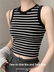 MiiOW | Cat Lady Tank Top Women Summer New Stripe Color Block Built-In Chest Pad No Bra Pure Cotton Neck Hanging Strap Top