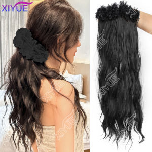 วิกผมยาวแบบสังเคราะห์ ทรงลอนคลื่น พร้อมกิ๊บหนีบผมรูปดอกไม้ วิกผมฟูฟ่อง คลิปหนีบผมสีแดงดำ วิกผมหางม้าแบบหนีบสำหรับผู้หญิง