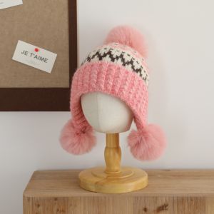 Korean Style Thickened Warm Knitted Ball Hat for Children Baby Boys Girls Ear Protection Hat Cute round Top No Brim Cap