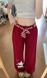 Christmas Atmosphere Red High Waist Straight Leg Casual Pants Womens Autumn Winter New Loose Versatile Slim Wide Leg Long Pants