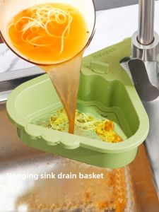 1 Click Open Triangle Sink Basket Strainer Drain Rack Wall Mounted Organizer for Kitchen Dishwashing Vegetables No Drill Storage
