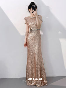 Elegant Mermaid Sequin Evening Dress Rose Gold