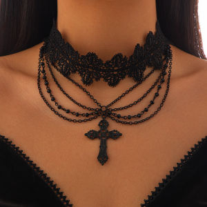 Ingemark | Ingemark Multilayer Gothic Black Lace Chunky Chain Necklace for Women Vintage Cross Jesus Pendant Choker Halloween Rave Jewelry