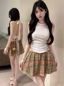 GUZILIAN | Pure Desire Spicy Girl Backless Neck Hanging Vest Women Summer Checkered A-Line Mini Skirt Pants Two-Piece Set Korean Style