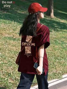 Red Wine Short Sleeve Womens T-shirt Summer Loose Fit Cotton Casual Printed Streetwear Style Spring 2025 Fashion Trend