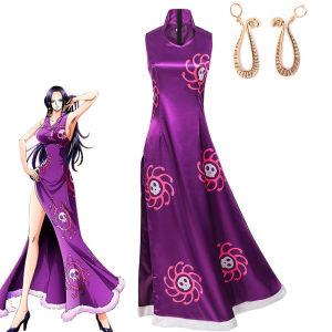 Bộ Trang Phục Cosplay Nữ Hoàng Hải Tặc Boa Hancock Với Váy Sườn Xám Satin Tím Bông Tai Hình Rắn Và Tóc Giả Đen Dài Dành Cho Nữ Dự Tiệc