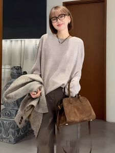 plus Size Womens Knitted Sweater Base Layer Long Sleeve Loose Fit Slimming Cover Belly Top Early Autumn New Style Inner Wear