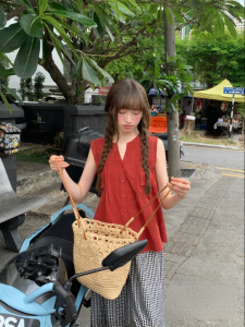 NIHAOKANONG | Áo Blouse Dáng Rộng Cổ V Có Nếp Gợn