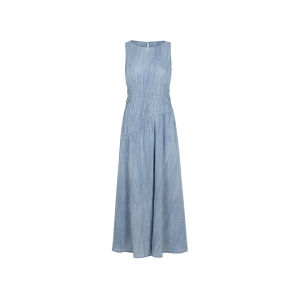 CHACHASTU | Đầm Dài Form A Tay Ngắn Thiết Kế Phồng Chất Cotton 100% Màu Xanh洱海 Cảm Giác Nhăn Dye Mực Nguyên Chất