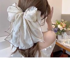 Elegant Fashion Ribbon Pearl Bow Hair Clip Chiffon Bowknot Ponytail Holder Womens Sweet Barrette Headwear Accessory