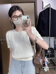 PEIXI | Icy Silk Braided Round Neck Short Sleeve Sweater