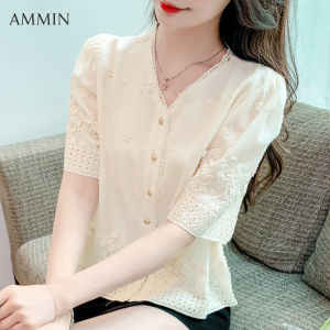 Ammin Mùa Hè Mới Phụ Nữ Ngắn Tay V-Cổ Thêu Hollow Áo Blouse ren Hàn Quốc Gió Thời Trang Khí Thiết Kế Cảm Giác Lỏng Lẻo Và Linh Hoạt tay áo bong bóng Ren Áo Voan