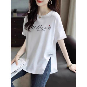 White Ice Porcelain Cotton Mid Length Long Length Short Sleeve T-Shirt Womens Summer K-style round Neck Loose Design Slit Versatile Base