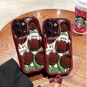 Casing Ponsel untuk OPPO A98 5G Silicone 3D Wine Red Tulip Bear Rabbit TPU Phone Case