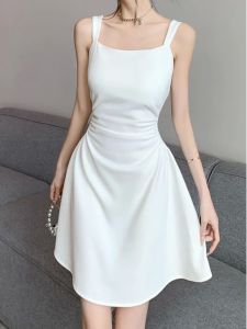 สีทึบ แขนกุด เอวการจับ เดรส สีบริสุทธิ์ของผู้หญิง ฤดูร้อน สลิมฟิต มิดิ เดรส ไม่มีแขน