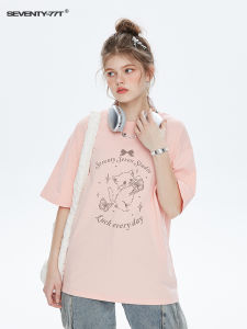 Pink Letter Personalized Short Sleeve T-Shirt Women Summer New Loose round Neck Pure Cotton Inner Wear Creative Print Casual Top