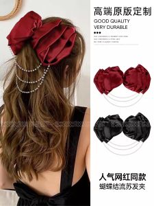 Extra Large Red Bowknot Hair Clip Womens Half Updo Spring Clamp Hair Accessories Tassel Back of Head Hairpins Stylish Hair Decorations