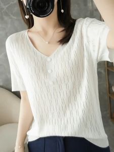 New Summer Ice Silk Knitted Blouse & Loose V-neck Bottoming Shirt
