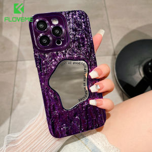 FLOVEME Rock Pattern Mirror Plating Phone Case For iPhone 15 14 13 12 11 Pro Max 15 14 Plus Makeup Mirror With Lens Film Protection All-inclusive Shockproof Back Cover For iPhone 15 14 13 12 11