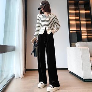 High-End Gold Velvet Wide Leg Pants Womens Spring Autumn Loose Slimming Drapey Straight Casual Pants Velvet Floor-Length Trousers