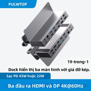 Cổng Kết Nối Màn Hình Ba Màn Hình PULWTOP 4K Đế Đỡ Kép Với 3 HDMI 2 DP 45W PD USB Dành Cho MacBook M1/M2/M3/M4/M5/Windows Hub USB-C Bằng Nhôm