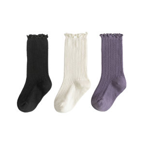 Childrens Socks Spring and Autumn Pure Cotton Girl Wooden Ear Tube Socks K-style Western Style Baby Girl Pure Color Bunching Socks