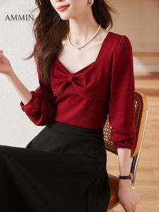 เสื้อเบลาส์ผ้าฝ้าย AMMIN สำหรับฤดูใบไม้ร่วง - สีทึบ เย็บติด โบว์ลูกไม้หวานใหม่ 2023