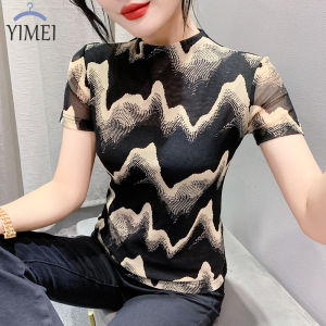 Yimei Áo thun họa tiết sóng Retro thời trang nữ 2023 mùa hè dáng ôm mới mỏng nửa cổ cao tay ngắn áo lưới nữ