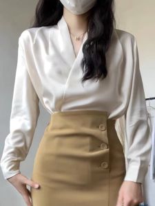 Lightly Mature V-neck Shirt Womens Long Sleeve Autumn Vocational Education Interview Formal Wear Commuting Work Clothes Bodycon Dress Suit