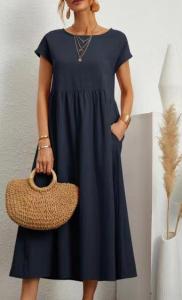 Loose Pocket Dress Pure Color Short Sleeve Long Dress Womens Fashion European Style Autumn Season Solid Color Dress