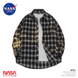 NASA Joint Name Black and White Gingham Shirt Mens Spring and Autumn Fashion Brand Fancy Handsome Outwear Youth Loose Shirt