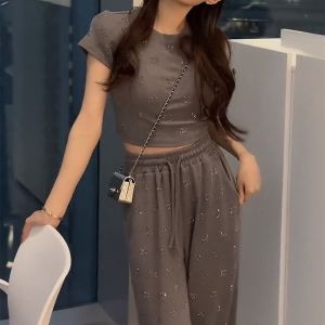 Fashionable Glittery Hot Girl Set Womens Summer Design Slimming Butt Lifting Wide Leg Pants T-Shirt Two Piece Set