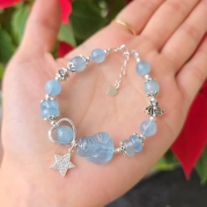 Q2433 Lắc Bạc đá Aquamarine xanh dương mix 4 đồng điếu hồ ly Aquamarine Thủy và Mộc - Phong Thuỷ TUDO
