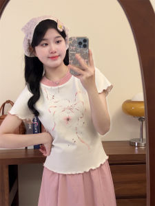 เสื้อยืดคอกลมแขนสั้นทรงสลิมฟิตสำหรับผู้หญิง ฤดูร้อน 2025 เสื้อตัวบนพิมพ์ลายการ์ตูนสีบล็อกใหม่ ทรงเข้ารูป แขนสั้น คอกลม