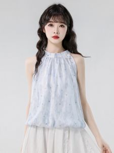 เสื้อกั๊กสายเดี่ยวคอวีแขนกุดลายดอกไม้สีฟ้าสำหรับผู้หญิงในช่วงฤดูร้อน ดีไซน์เก๋ไก๋ ไม่มีแขน ดีไซน์เก๋ไก๋ ไม่ซ้ำใคร เสื้อผ้าทำงาน