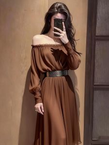 SHANGSHA | Elegant Long Dress camel color off-shoulder cinch waist
