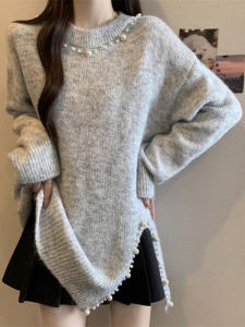 plus Size Loose Long Sleeve Knitwear Pearl Design Womens Top Autumn Winter New Style Comfortable Fashion Split Design Sweater