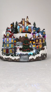 ONELINE #FC616 Animated Christmas Village Scene with Rotating Train LED Lighted Houses Snow Covered Town Display Holiday Tabletop Decor with Christmas central Tree