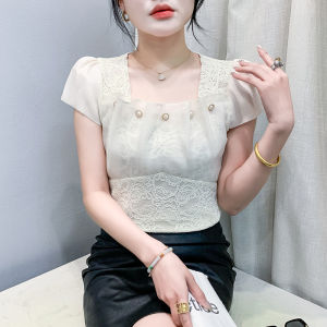 YIMEI เสื้อเชิ๊ตคอกลมทรงสี่เหลี่ยมติดเล็บสามมิติสวยงามใหม่2025ฤดูร้อนเสื้อท่อนบนลายลูกไม้ปักอารมณ์แขนสั้น