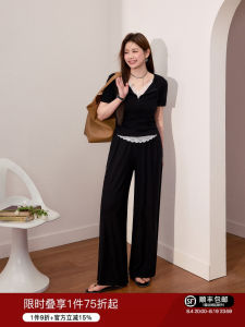 Plus Size Leisure Lace Two-Piece T-Shirt and Slimming Straight Pants Set