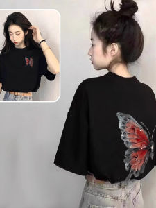 SUSHOUWANGE | Black Cotton Tshirt Butterfly Print