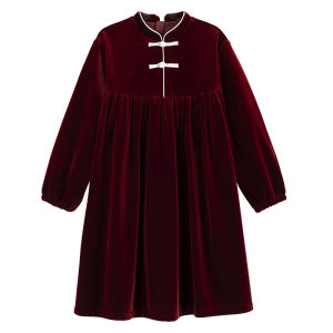 New Chinese Style Velvet Dress Red Color Childrens Clothing Autumn Winter Season Girls Skirt A-Line Long Sleeve Birthday Party
