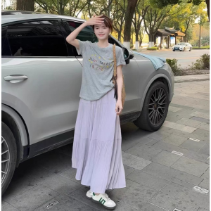 XIAOQIAOJIA | Fashionable Korean Style Two-Piece Set Casual Dress High Waist A-Line Skirt Short Sleeve Round Neck Summer Outfit Ensemble