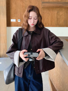 Red Brown Striped Patchwork Leather Jacket Womens Loose Fit Fashionable Retro High Oil Wax Feel Autumn New Style Street Style