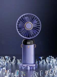LED Display USB Rechargeable Handheld Fan with Neck Strap and 5-Speed Adjustment