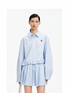 Cotton Blue Striped Collared Loose Simple Commuter Shirt
