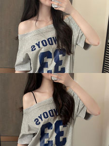 Áo Thun Tay Ngắn Hở Vai Màu Xám in Chữ Phong Cách Mỹ Rộng Rãi Mùa Hè Cho Nữ Áo Thun Cotton Thường Ngày Thoải Mái Thoáng Khí