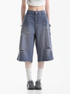 zuocisankon | Vintage Distressed Wash Ripped Paint Splatter Wide Leg Cropped Pants