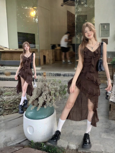 NUMEN BUTTON | Vintage French Irregular Ruffle A-Line Spaghetti Strap Dress